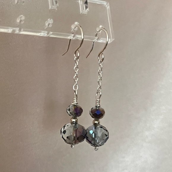 Handmade Jewelry - Sterling Silver Smokey Crystal Linear Drop Earrings